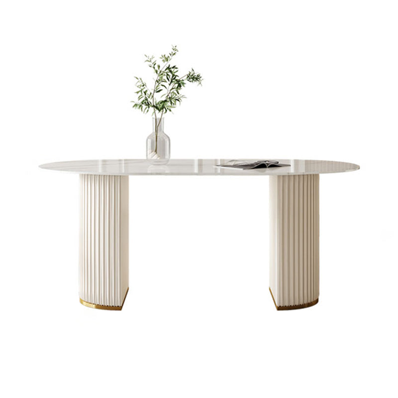 Mesa de comedor de lujo tradicional mesa de piedra sinterizada blanca ovalada con base de doble pedestal