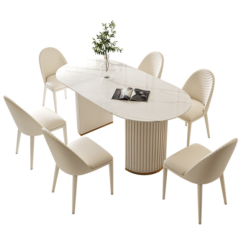 Mesa de comedor de lujo tradicional mesa de piedra sinterizada blanca ovalada con base de doble pedestal