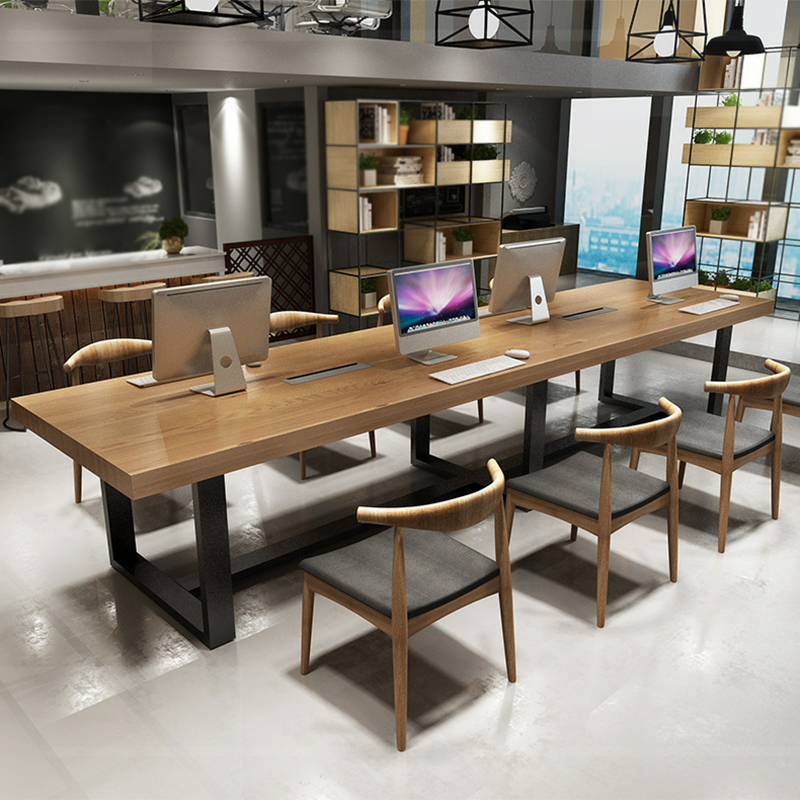 Rectangle Industrial Dining Table Solid Wood Top Dining Table with Metal Base