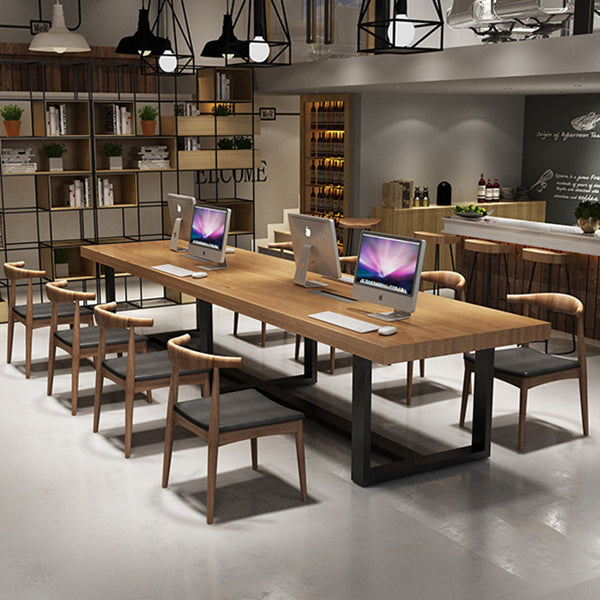 Rectangle Industrial Dining Table Solid Wood Top Dining Table with Metal Base