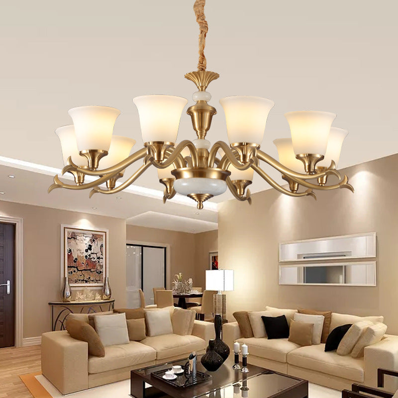 Gold Floral Shade Pendant Light Traditional White Glass Living Room Chandelier