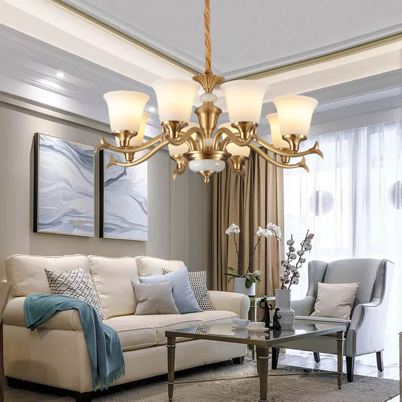 Gold Floral Shade Pendant Light Traditional White Glass Living Room Chandelier