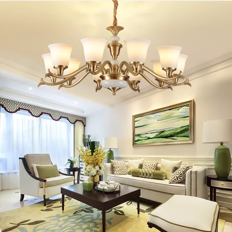Gold Floral Shade Pendant Light Traditional White Glass Living Room Chandelier