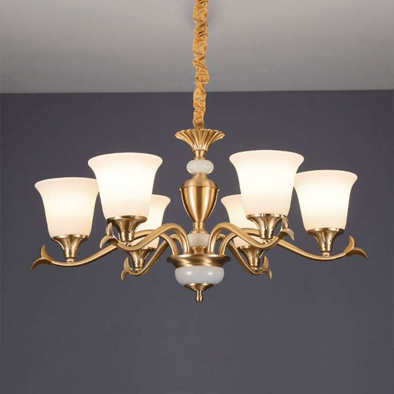 Gold Floral Shade Pendant Light Traditional White Glass Living Room Chandelier