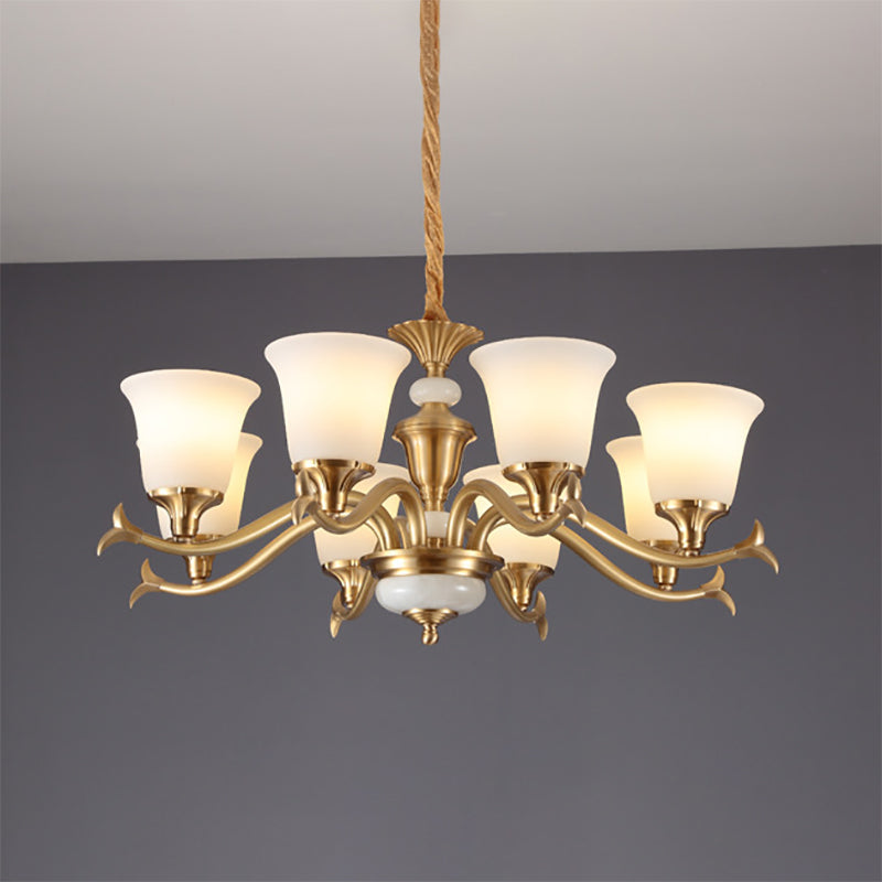 Gold Floral Shade Pendant Light Traditional White Glass Living Room Chandelier