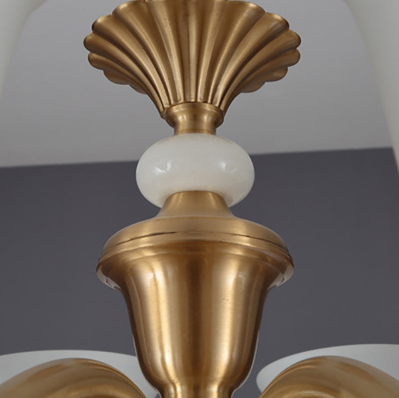 Gold Floral Shade Pendant Light Traditional White Glass Living Room Chandelier
