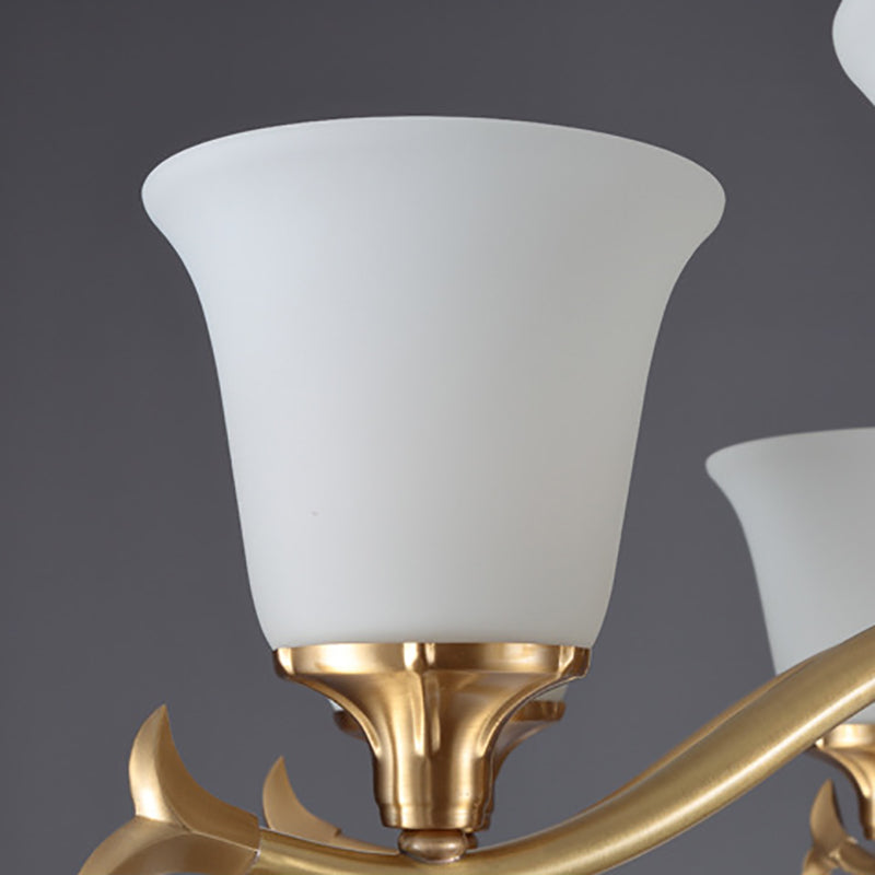 Gold Floral Shade Pendant Light Traditional White Glass Living Room Chandelier