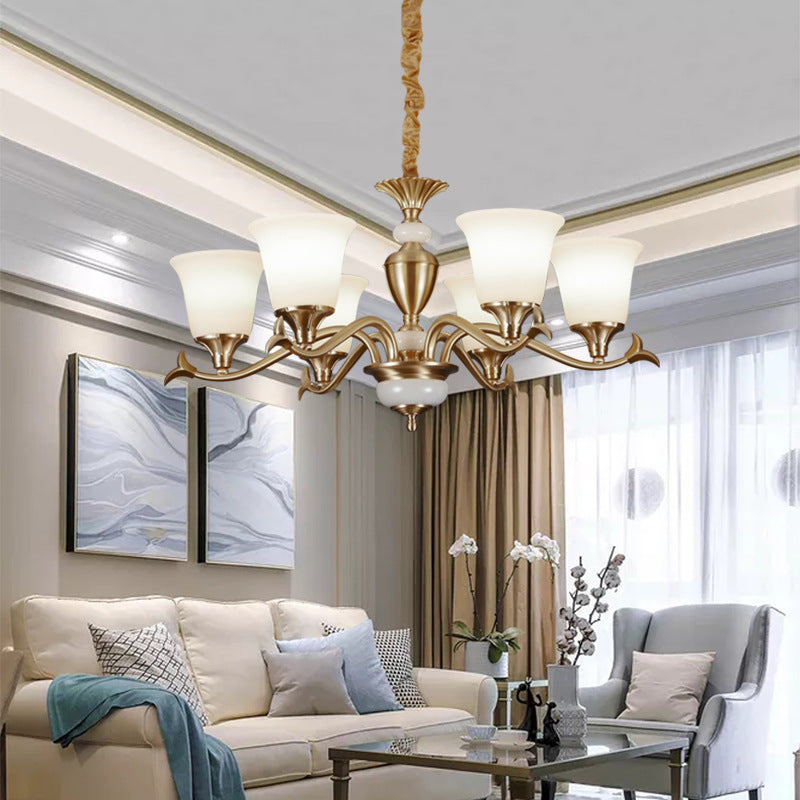 Gold Floral Shade Pendant Light Traditional White Glass Living Room Chandelier