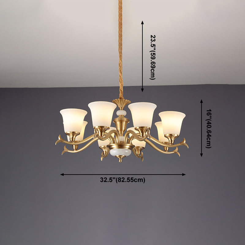 Gold Floral Shade Pendant Light Traditional White Glass Living Room Chandelier