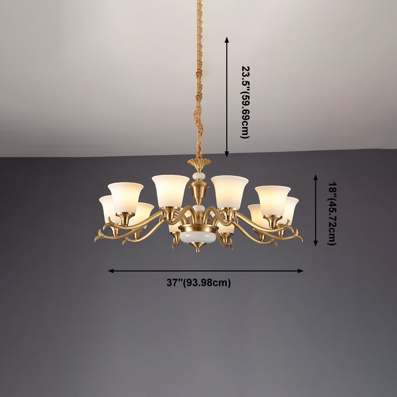 Gold Floral Shade Pendant Light Traditional White Glass Living Room Chandelier