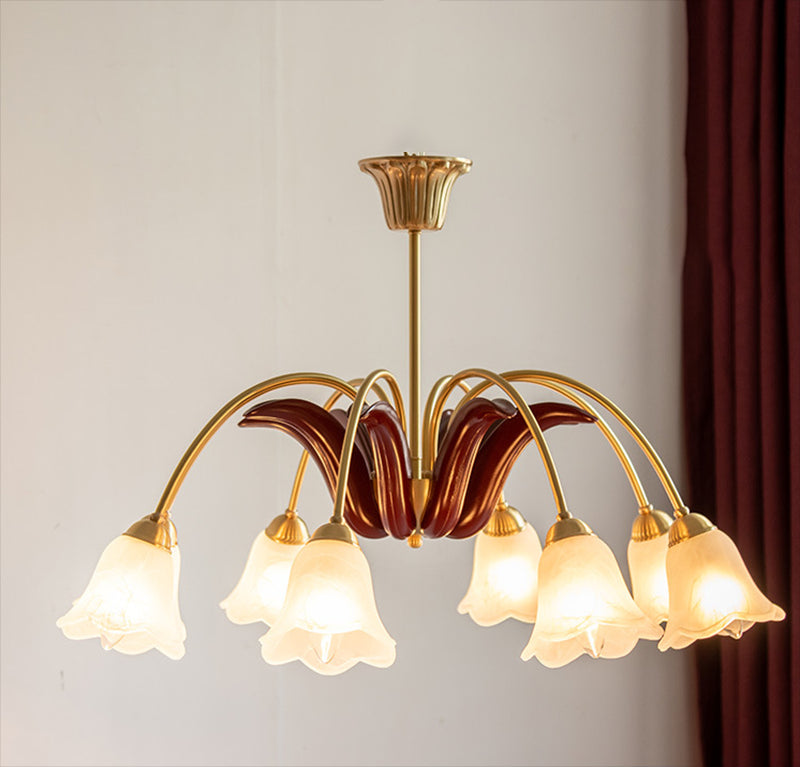 Frosted Glass Chandelier Antique Golden Scalloped Pendant Light Fixture for Living Room