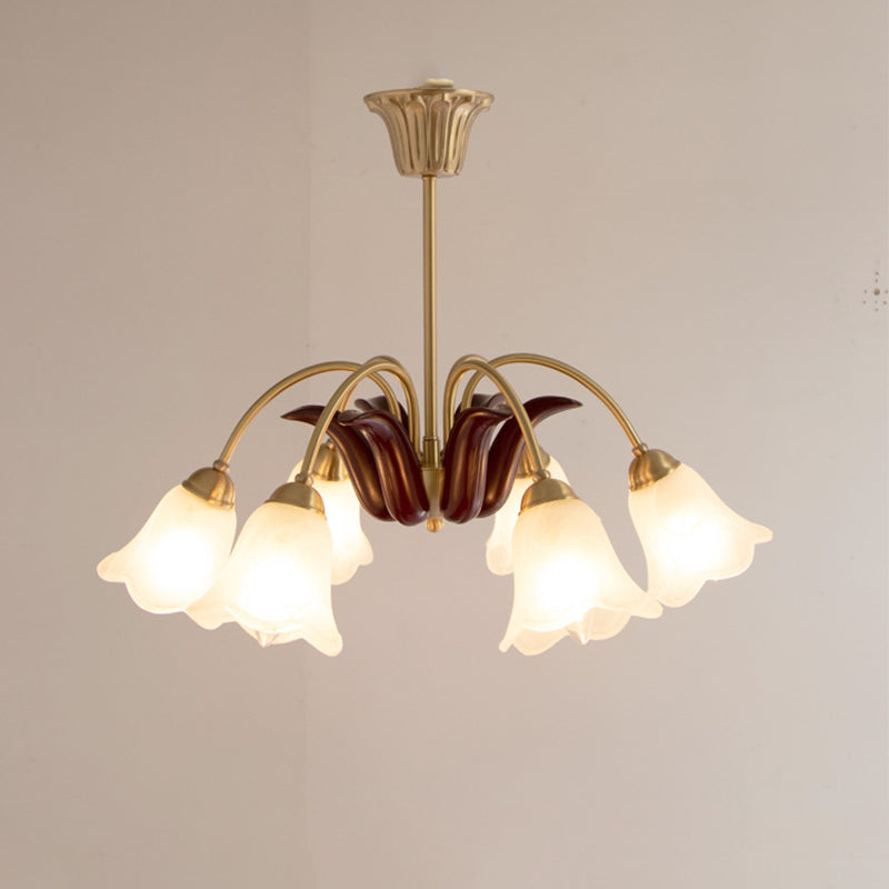 Frosted Glass Chandelier Antique Golden Scalloped Pendant Light Fixture for Living Room