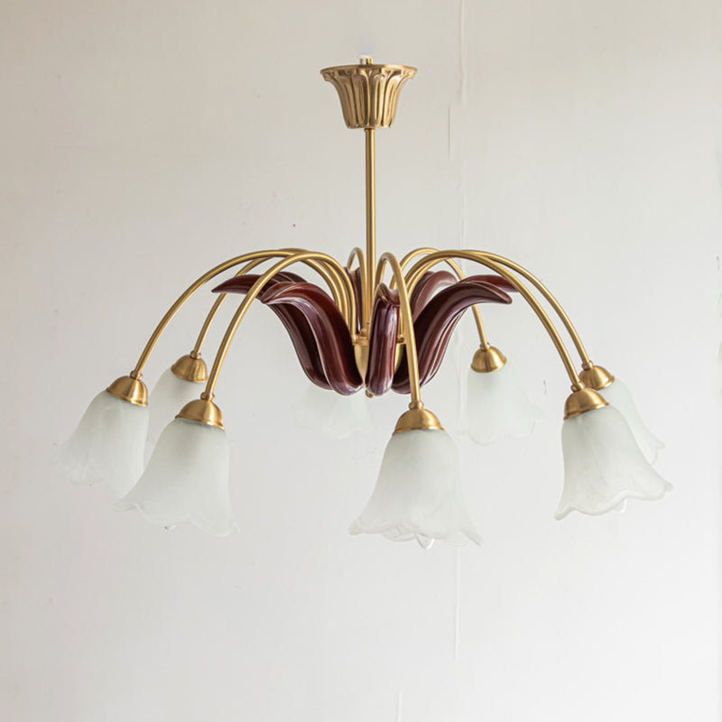 Frosted Glass Chandelier Antique Golden Scalloped Pendant Light Fixture for Living Room