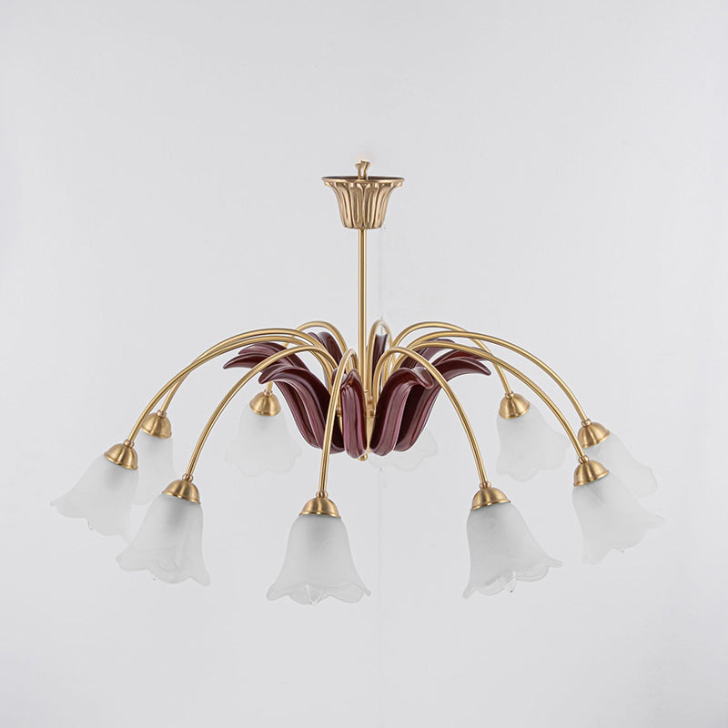 Frosted Glass Chandelier Antique Golden Scalloped Pendant Light Fixture for Living Room