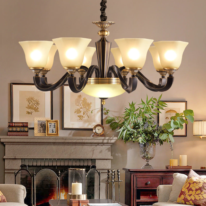 Vintage Bell Shade Pendant Chandelier White Glass Hanging Lamp Kit for Living Room