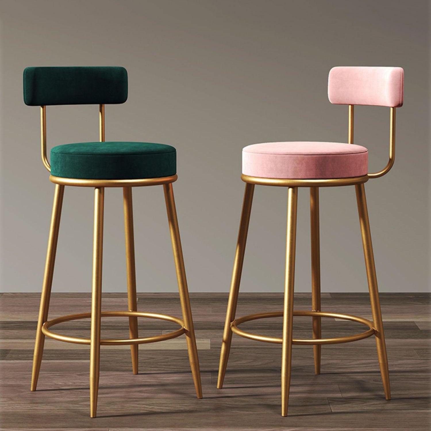 Taburete de respaldo de respaldo sin brazo Glam taburete de bar de hierro con cojín de terciopelo y pedal