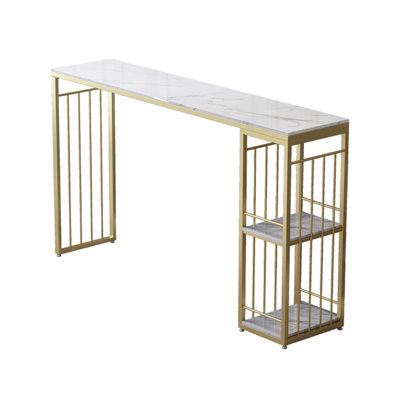 Mesa de barra de pub de piedra de glam rectángulo de oro de oro de hierro de doble pedestal mesa de comedor con 2 estantes