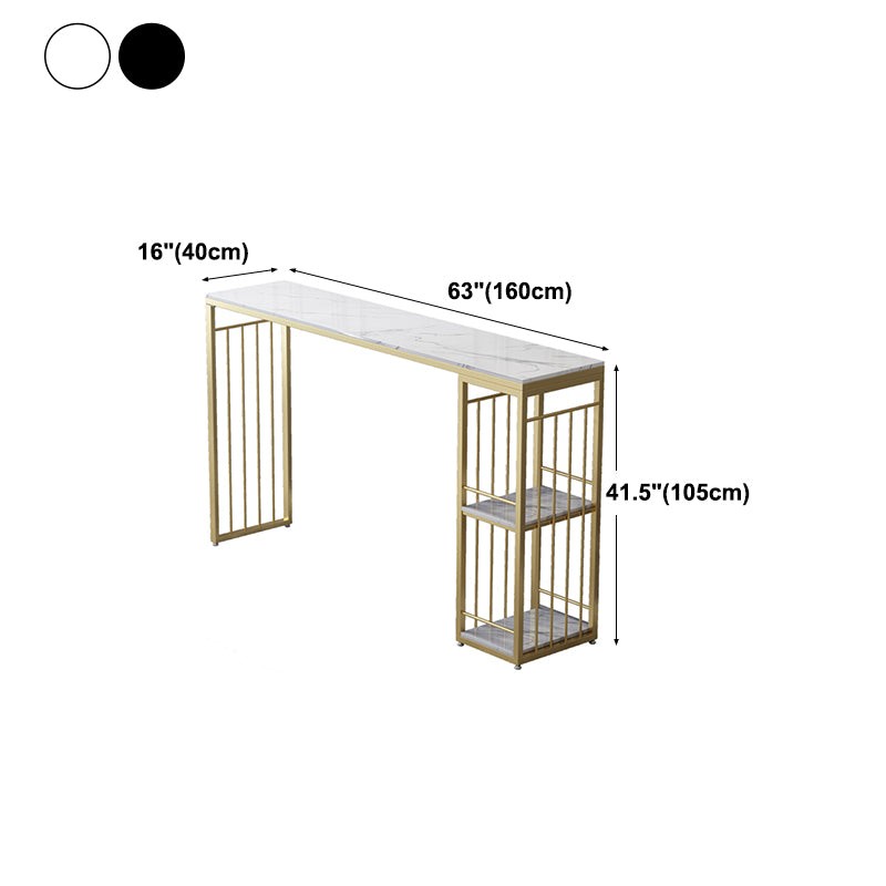 Mesa de barra de pub de piedra de glam rectángulo de oro de oro de hierro de doble pedestal mesa de comedor con 2 estantes