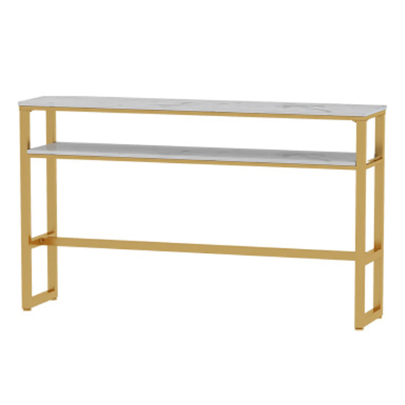 Glam Rectangle Faux Marble Pub Bar Table Gold Iron Bar Dining Table with Trestle Pedestal