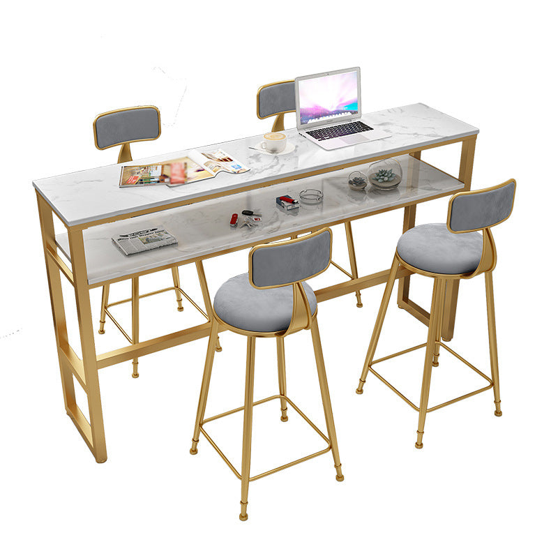 Glam Rectangle Faux Marble Pub Bar Table Gold Iron Bar Dining Table with Trestle Pedestal