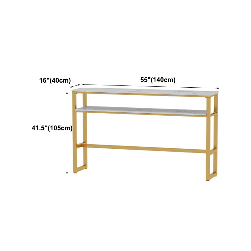 Glam Rectangle Faux Marble Pub Bar Table Gold Iron Bar Dining Table with Trestle Pedestal