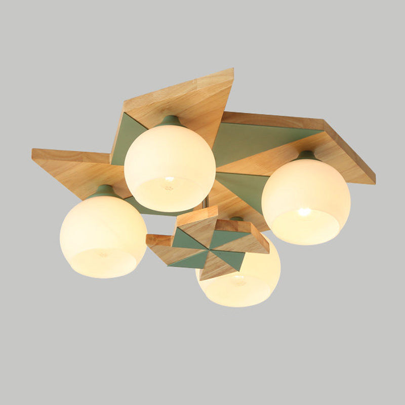 Plafonnier globe créatif moderne en bois à 4 lumières avec abat-jour en verre