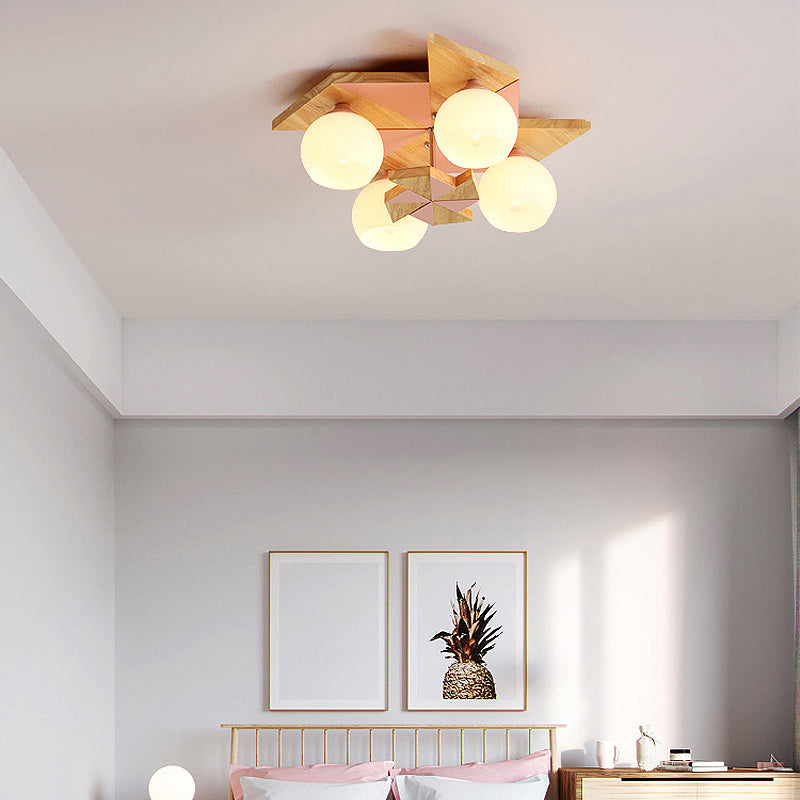 Plafonnier globe créatif moderne en bois à 4 lumières avec abat-jour en verre