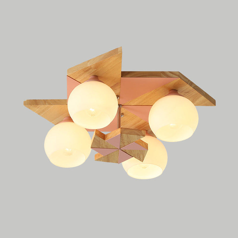 Plafonnier globe créatif moderne en bois à 4 lumières avec abat-jour en verre