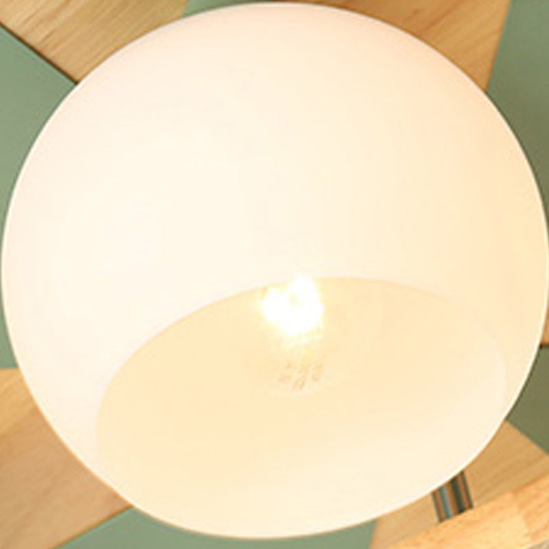 Plafonnier globe créatif moderne en bois à 4 lumières avec abat-jour en verre