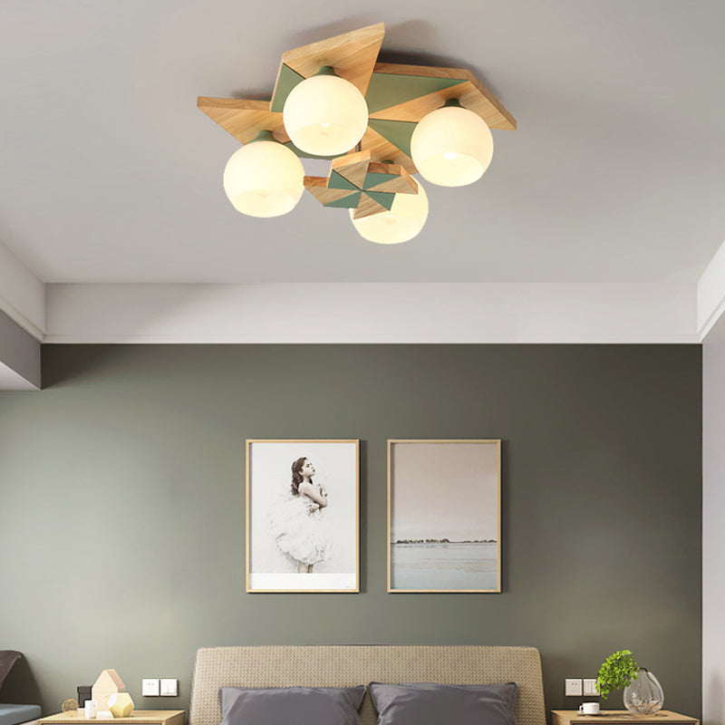 Plafonnier globe créatif moderne en bois à 4 lumières avec abat-jour en verre