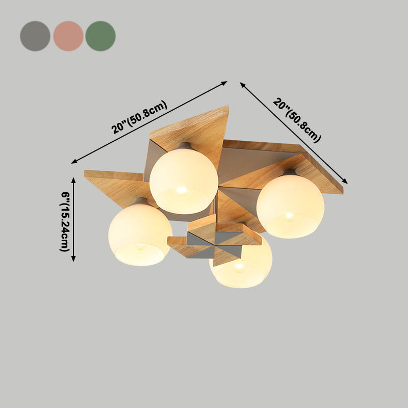 Plafonnier globe créatif moderne en bois à 4 lumières avec abat-jour en verre