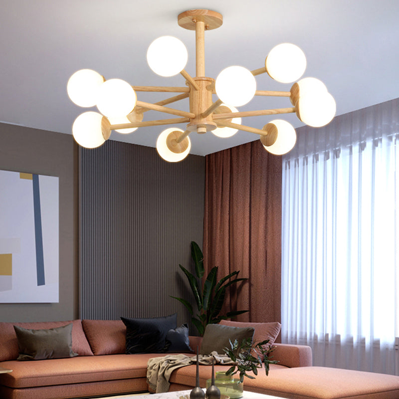 Modern Simplicity Globe Chandelier Wooden Indoor Pendant Light with White Glass Shade