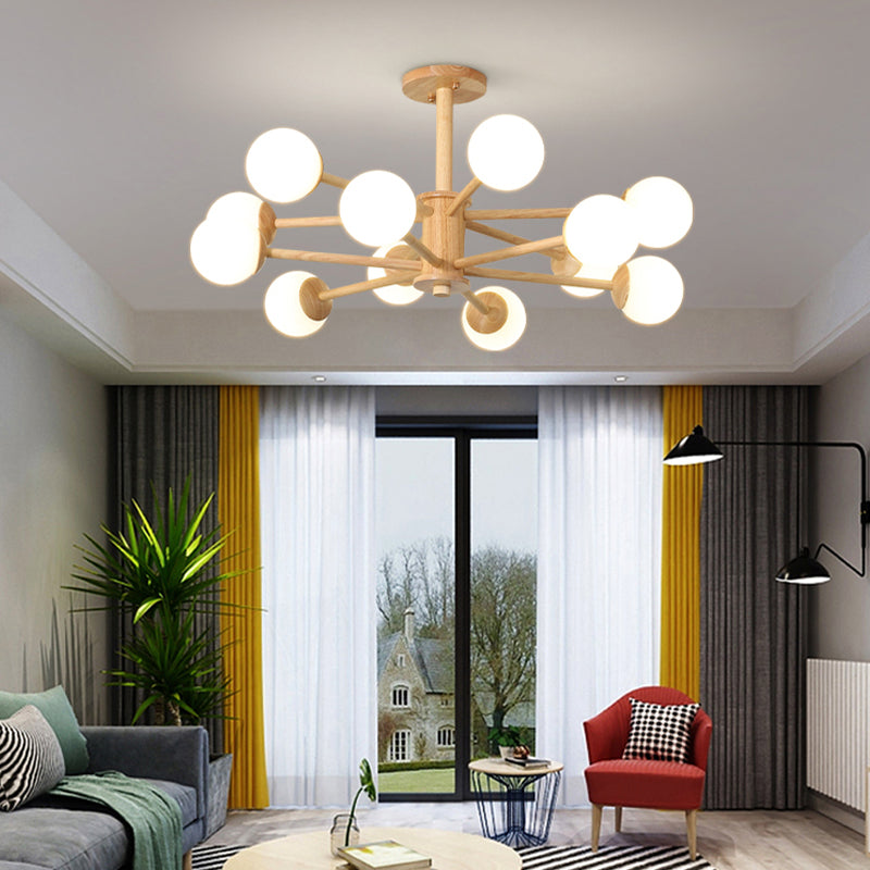 Modern Simplicity Globe Chandelier Wooden Indoor Pendant Light with White Glass Shade