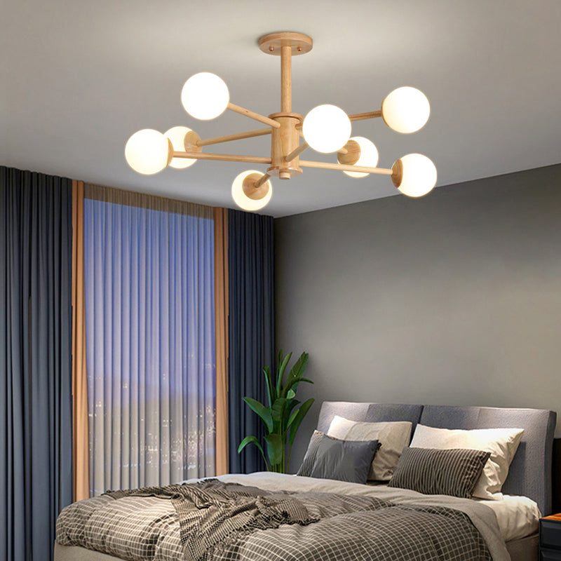 Modern Simplicity Globe Chandelier Wooden Indoor Pendant Light with White Glass Shade