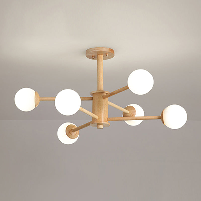 Modern Simplicity Globe Chandelier Wooden Indoor Pendant Light with White Glass Shade