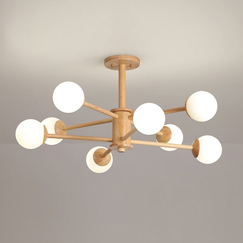 Modern Simplicity Globe Chandelier Wooden Indoor Pendant Light with White Glass Shade