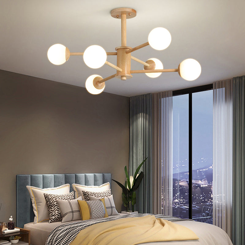 Modern Simplicity Globe Chandelier Wooden Indoor Pendant Light with White Glass Shade