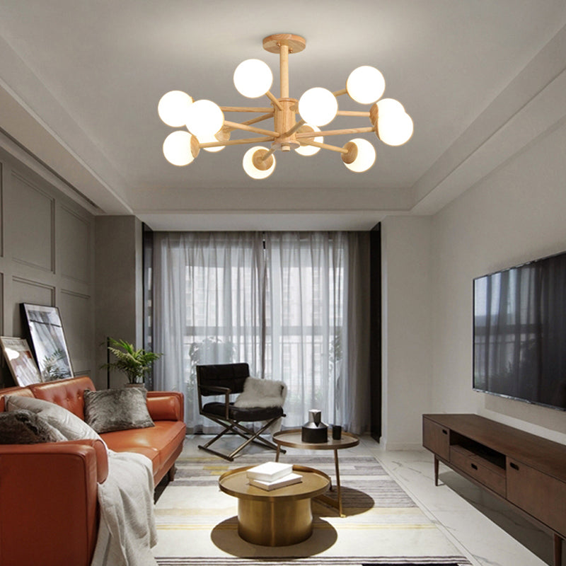 Modern Simplicity Globe Chandelier Wooden Indoor Pendant Light with White Glass Shade