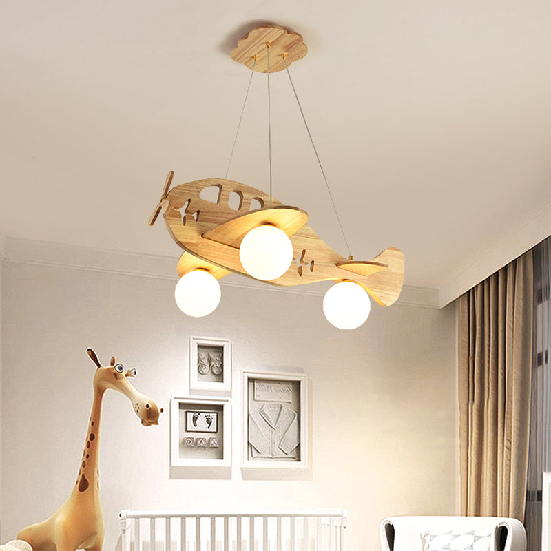 Modern Artistic Airplane Chandelier Wooden Indoor Hanging Lamp with White Glass Shade
