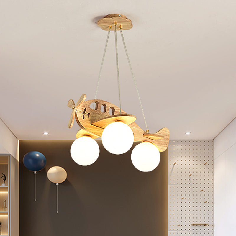 Modern Artistic Airplane Chandelier Wooden Indoor Hanging Lamp with White Glass Shade