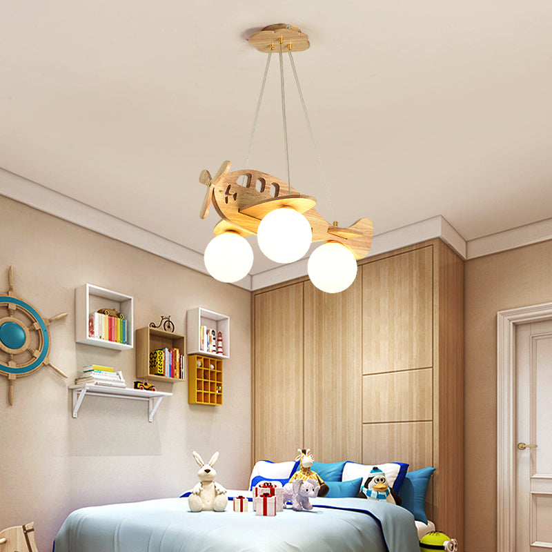 Modern Artistic Airplane Chandelier Wooden Indoor Hanging Lamp with White Glass Shade