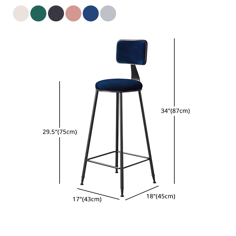Contemporary Counter Bar Stool Backrest Velvet Bar Stool with Footrest, Iron Base