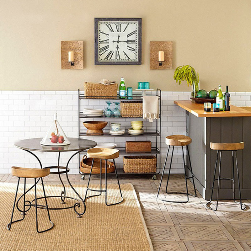 Contemporary Wood Seats Counter Stools Black Base Indoor Bar Stool for Kitchen