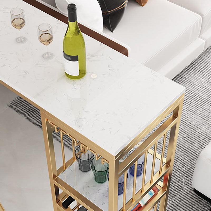 Glam Rectangle Faux Marble Bistro Table Gold Double Pedestal Bar Dining Table with 3-Shelf