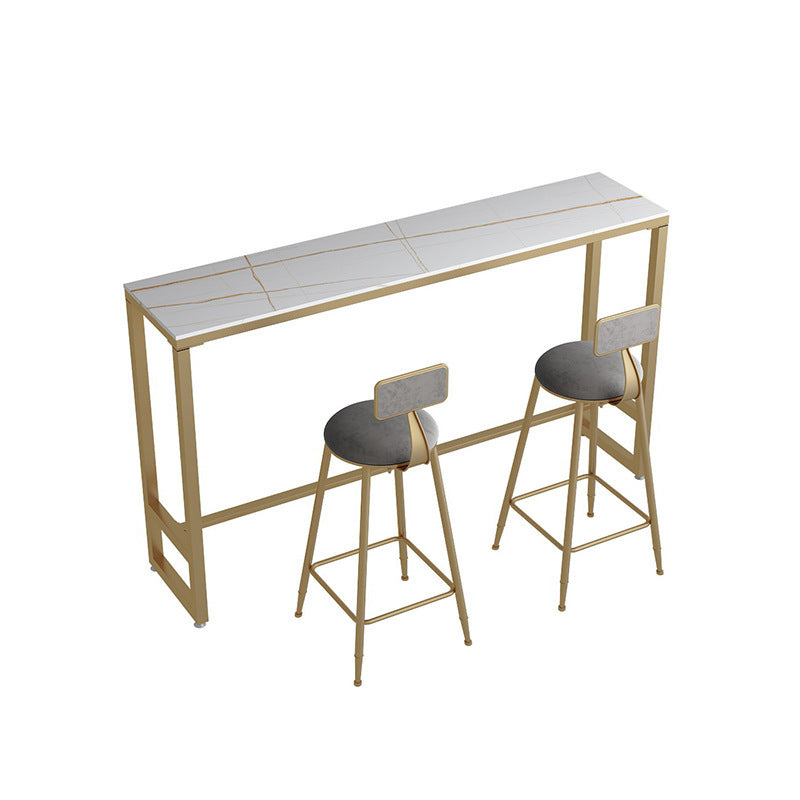 Glam Rectangle Stone Pub Bar Table Indoor Gold Iron Bar Dining Table with Trestle Pedestal