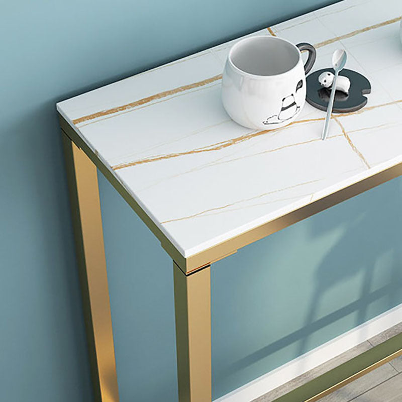 Glam Rectangle Stone Pub Bar Table Indoor Gold Iron Bar Dining Table with Trestle Pedestal