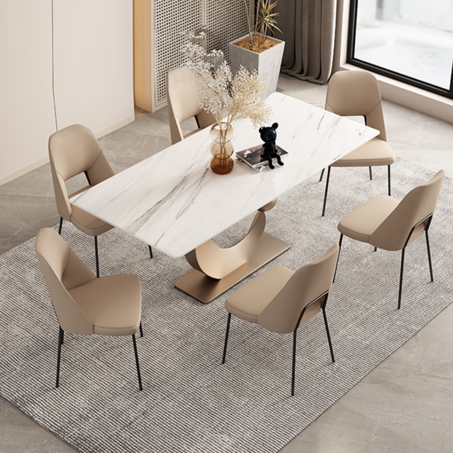 Nordic 1/3/4/6/7 Pieces Dining Set Sintered Stone Rectangle Table with Leather Chairs