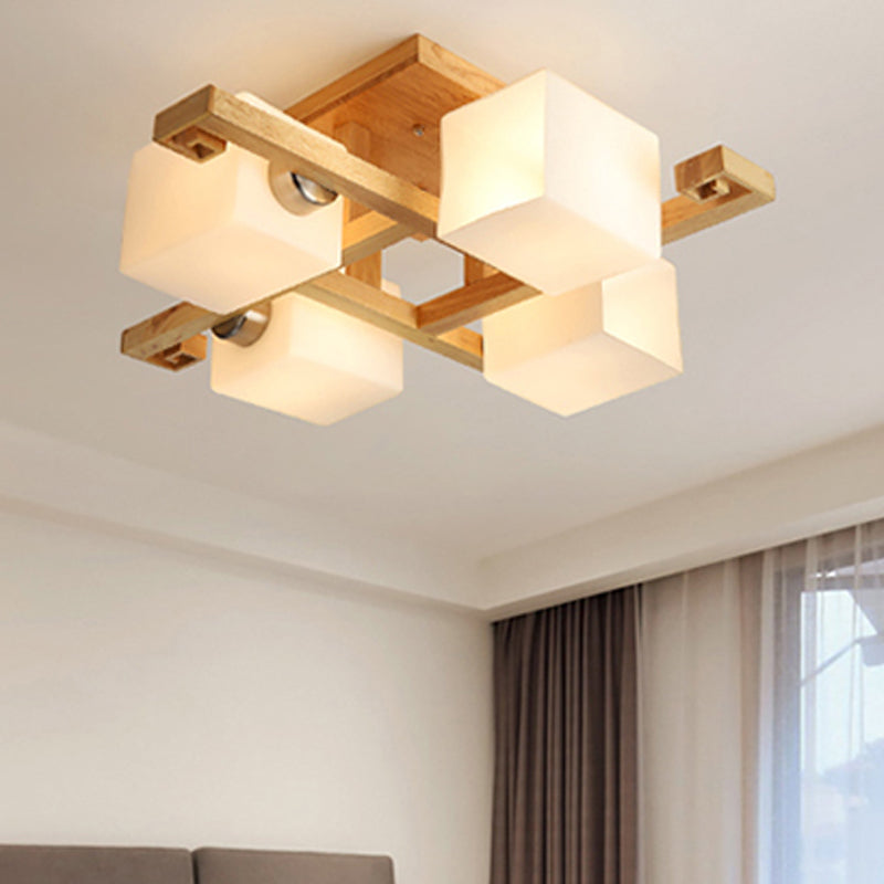 Plafonnier géométrique en bois semi-encastré artistique moderne avec abat-jour en verre blanc