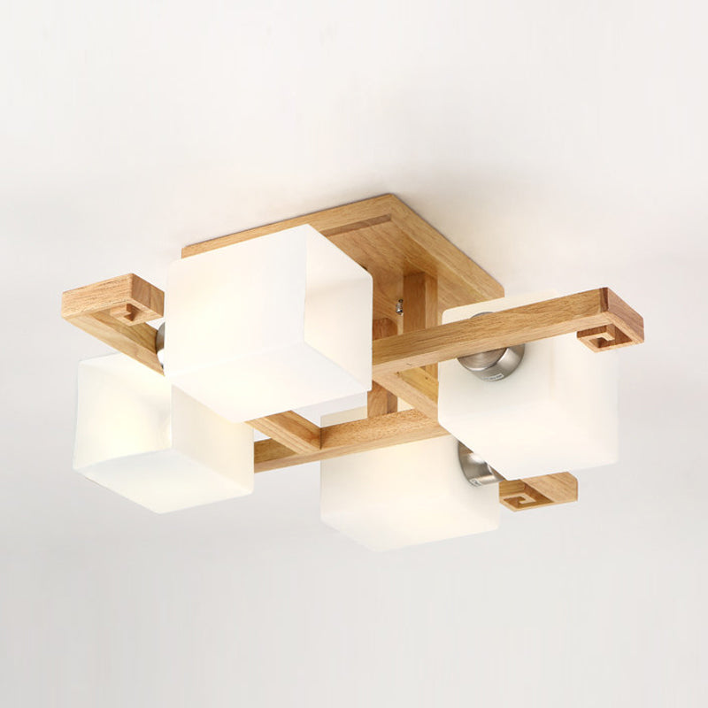 Plafonnier géométrique en bois semi-encastré artistique moderne avec abat-jour en verre blanc
