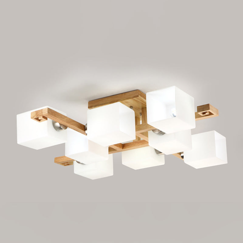 Plafonnier géométrique en bois semi-encastré artistique moderne avec abat-jour en verre blanc